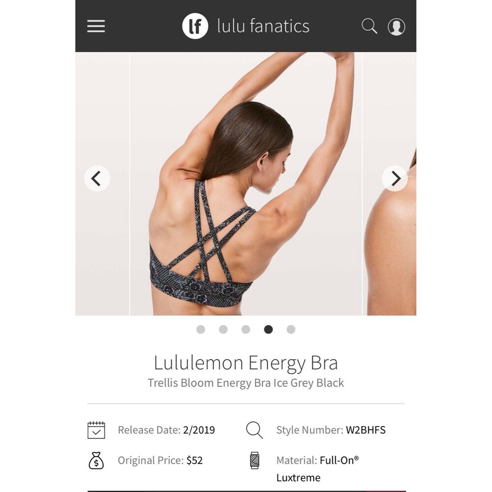 Lululemon size 8 Energy Bra Trellis Bloom Energy Bra Ice Grey Black